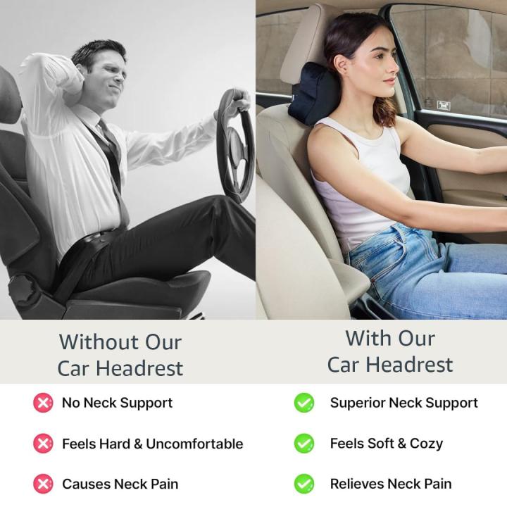 Car Headrest Pillow - Pack of 2 |100% Memory Foam - Neck Pain Relief | Cervical Pain Relief | Best for Long & Short Travel |Black Velvet, 17 x 27 x 9.5 Cm
